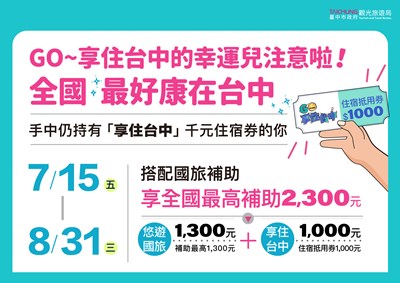 全國最好康-持-享住台中-住宿券遊台中-最高現折2300元